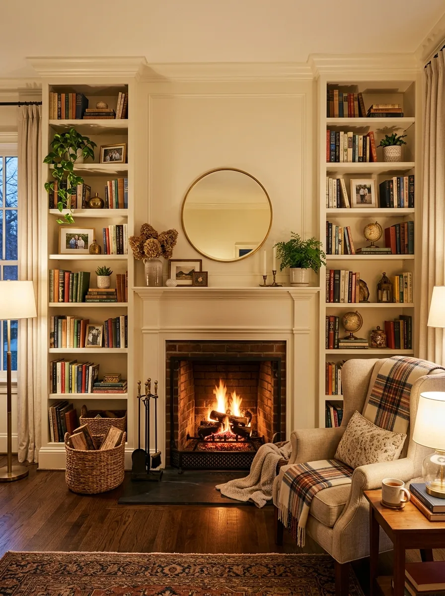 Fireplace with bookshelves