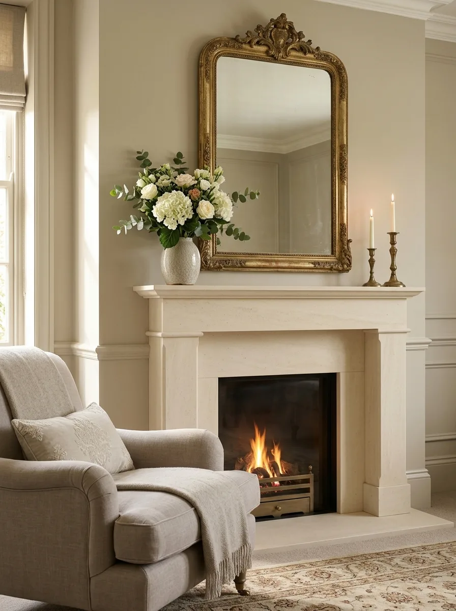 Limestone fireplace