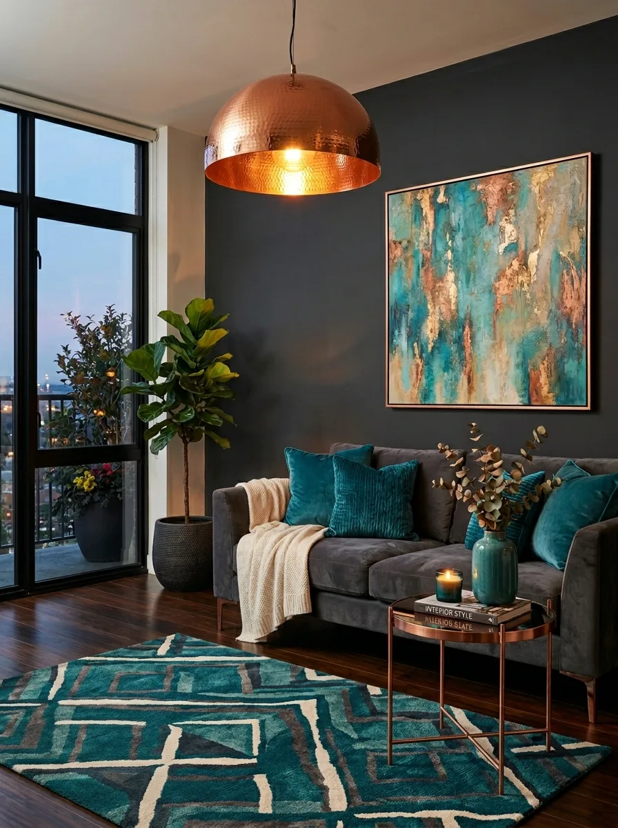 Teal copper and charcoal