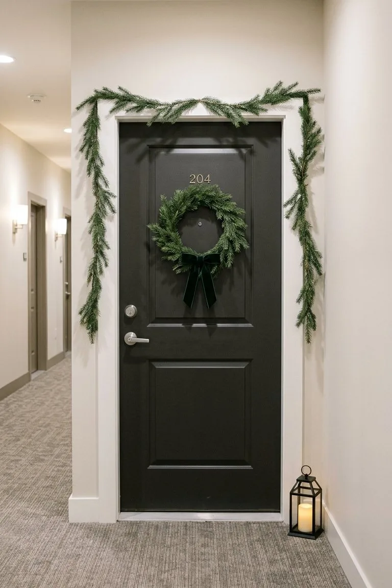 Apartment front door with a slim wreath, a thin garland around the frame and a small lantern in the hallway