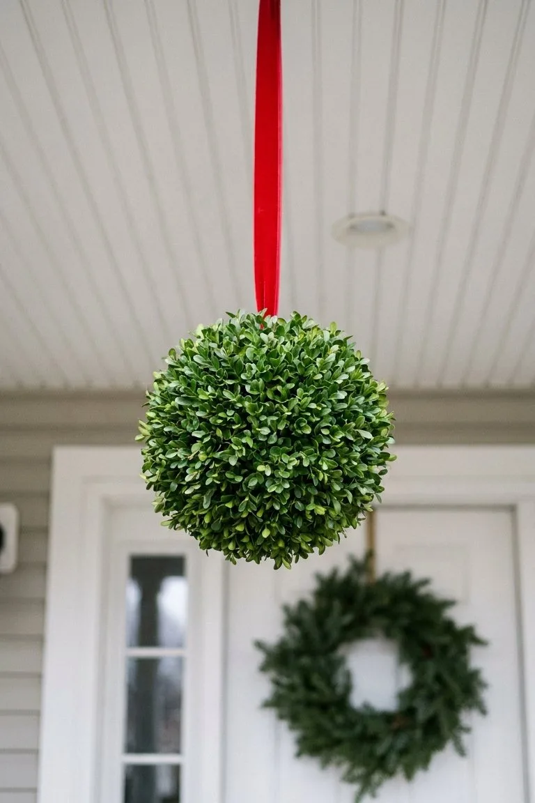 Boxwood kissing ball hanging from a red ribbon from a porch ceiling above the front door