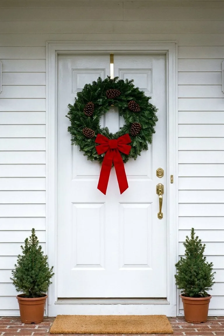 Fresh fir wreath with pinecones and a red velvet bow on a white front door, with two small potted spruces