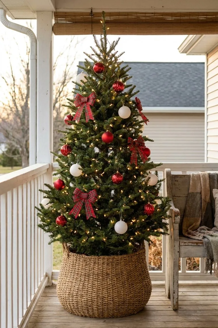 Small decorated Christmas tree with red and white ornaments and plaid bows in a woven basket in a porch corner