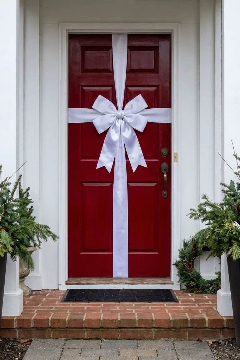 Red front door wrapped like a present with a white ribbon and a large white bow