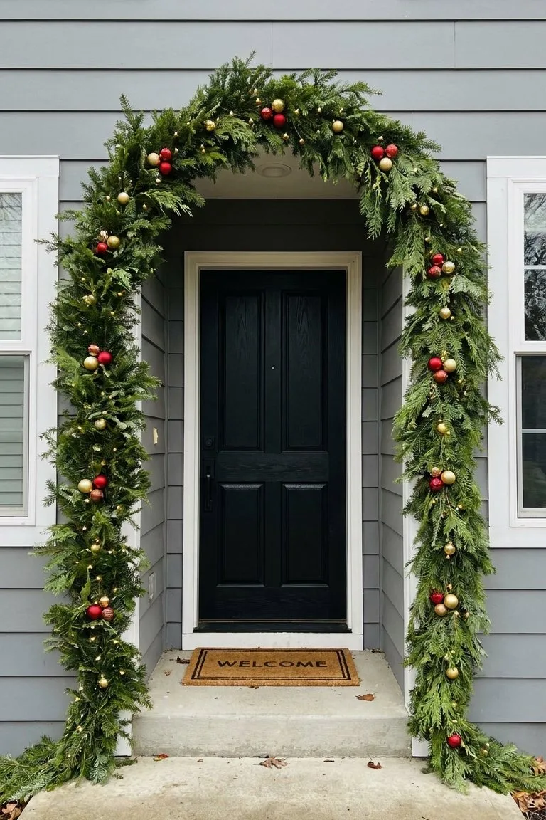 Evergreen garland with red and gold ornaments and warm white lights arching around a black front door