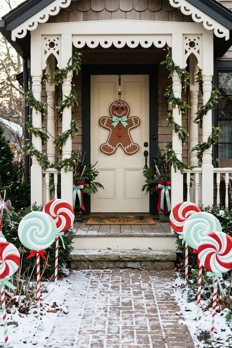 Gingerbread-themed porch with a gingerbread man door hanger and oversized lollipop decorations along the path