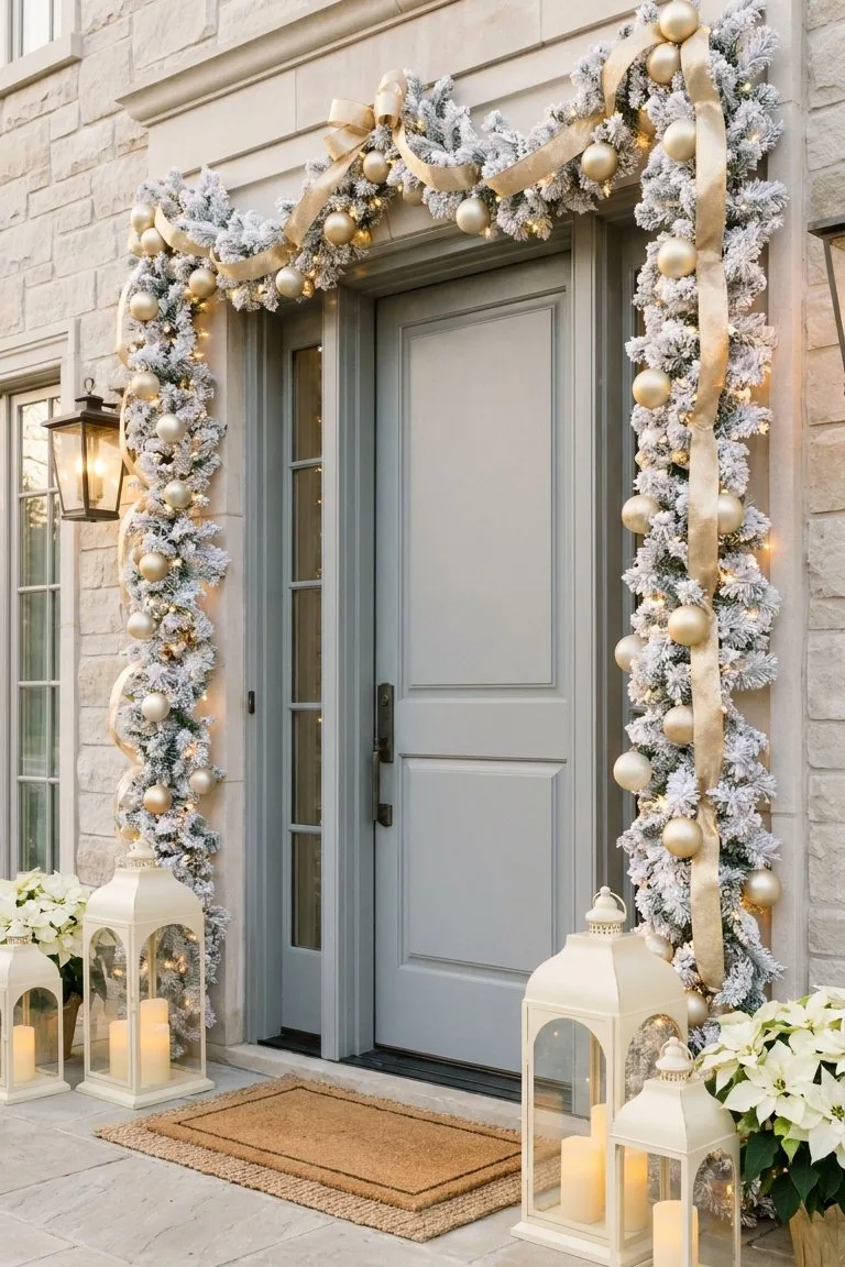 Gold and white Christmas porch with flocked garland, gold ornaments and ribbon, and cream lanterns by a gray door
