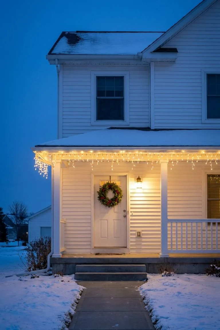 White house at dusk with warm white icicle lights along the porch roofline and a wreath on the door