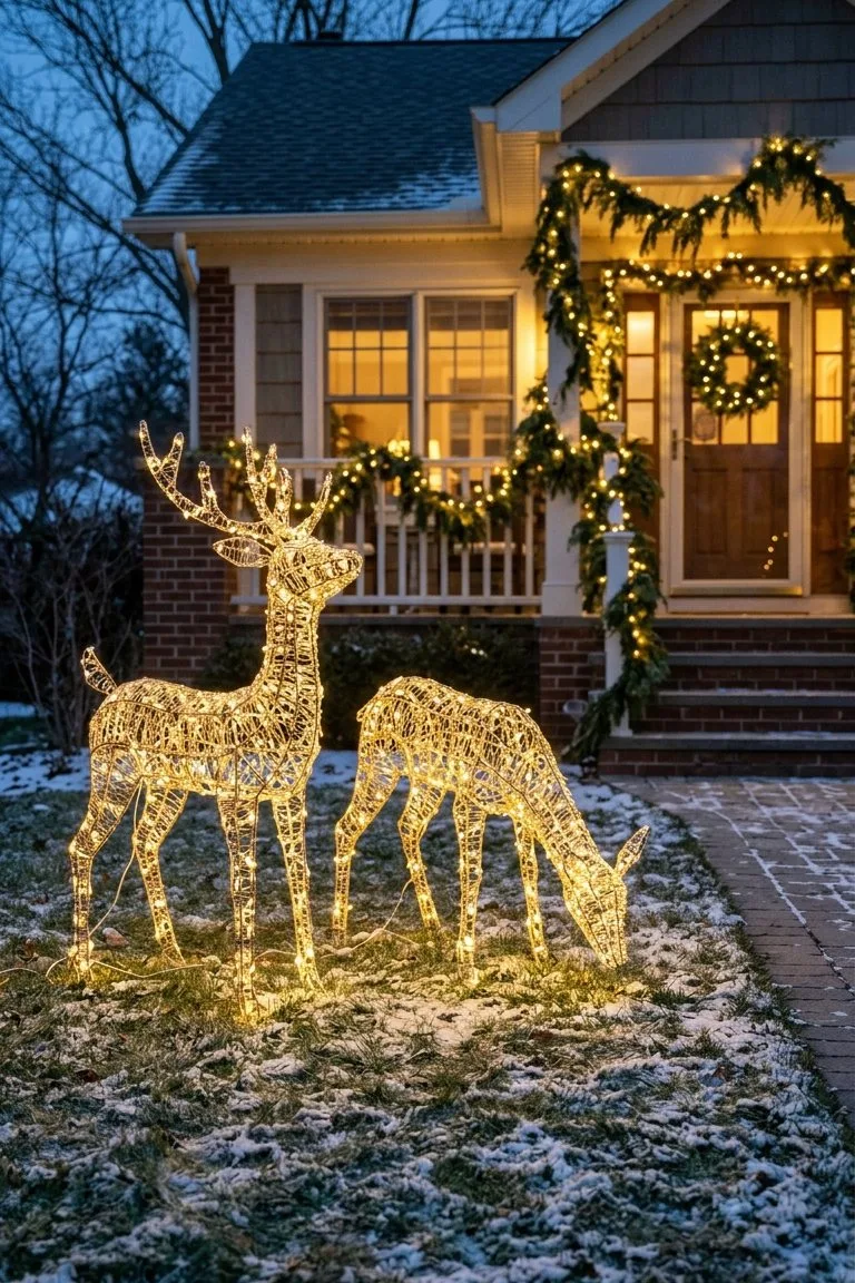Two lit wire reindeer on the front lawn beside a porch decorated with garland at dusk
