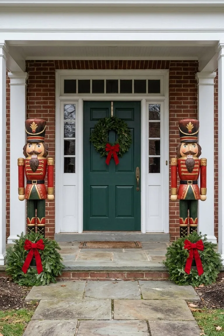 Two tall red and gold nutcracker figures on either side of a green front door with a wreath
