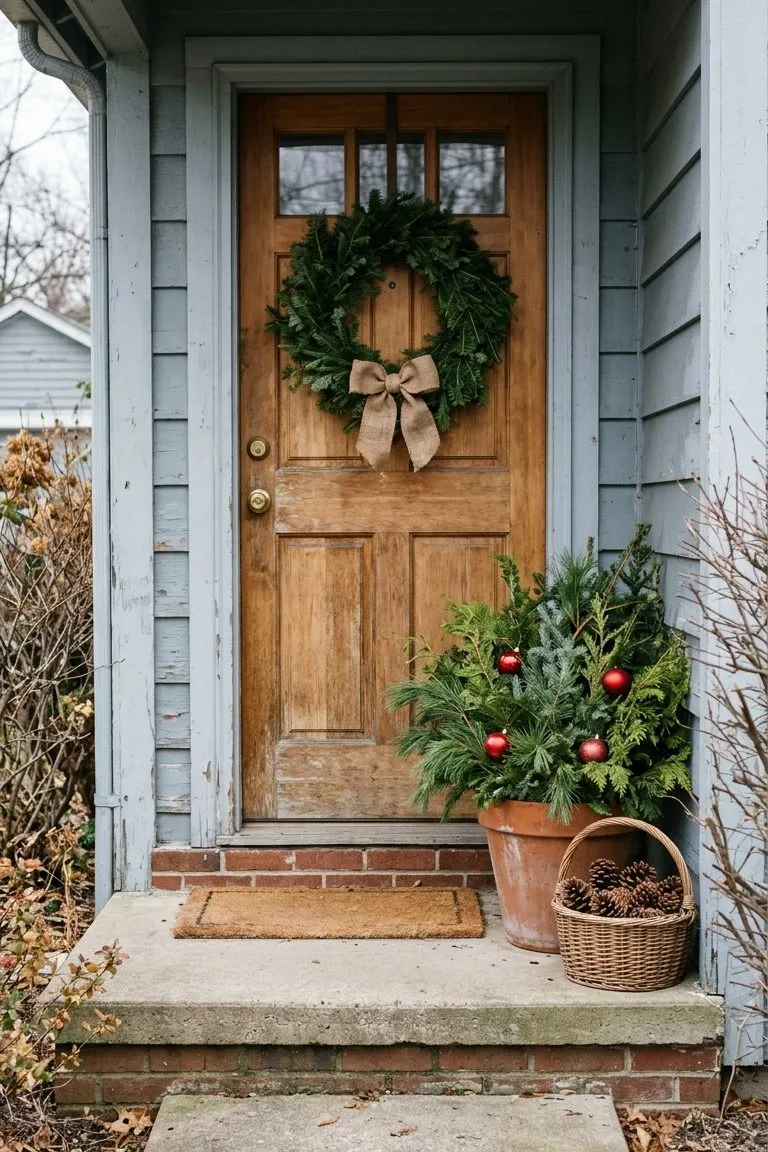 Simple Christmas porch with yard evergreens in a terracotta planter, pinecones in a basket and a wreath with a burlap bow