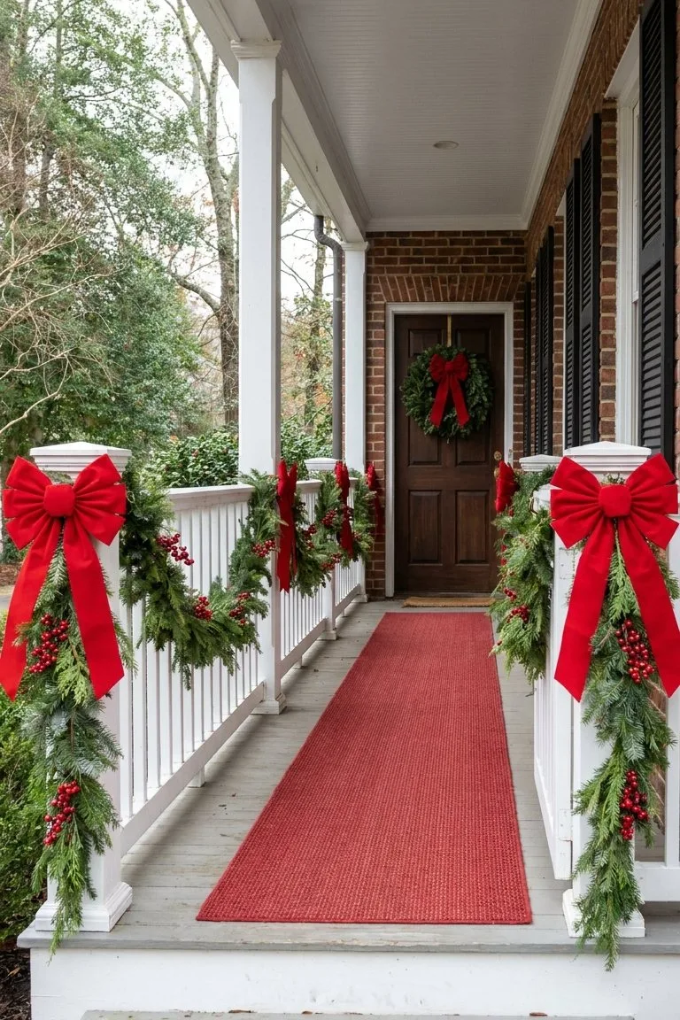 Porch railing with evergreen garland and red velvet bows on every post and a red runner leading to the door