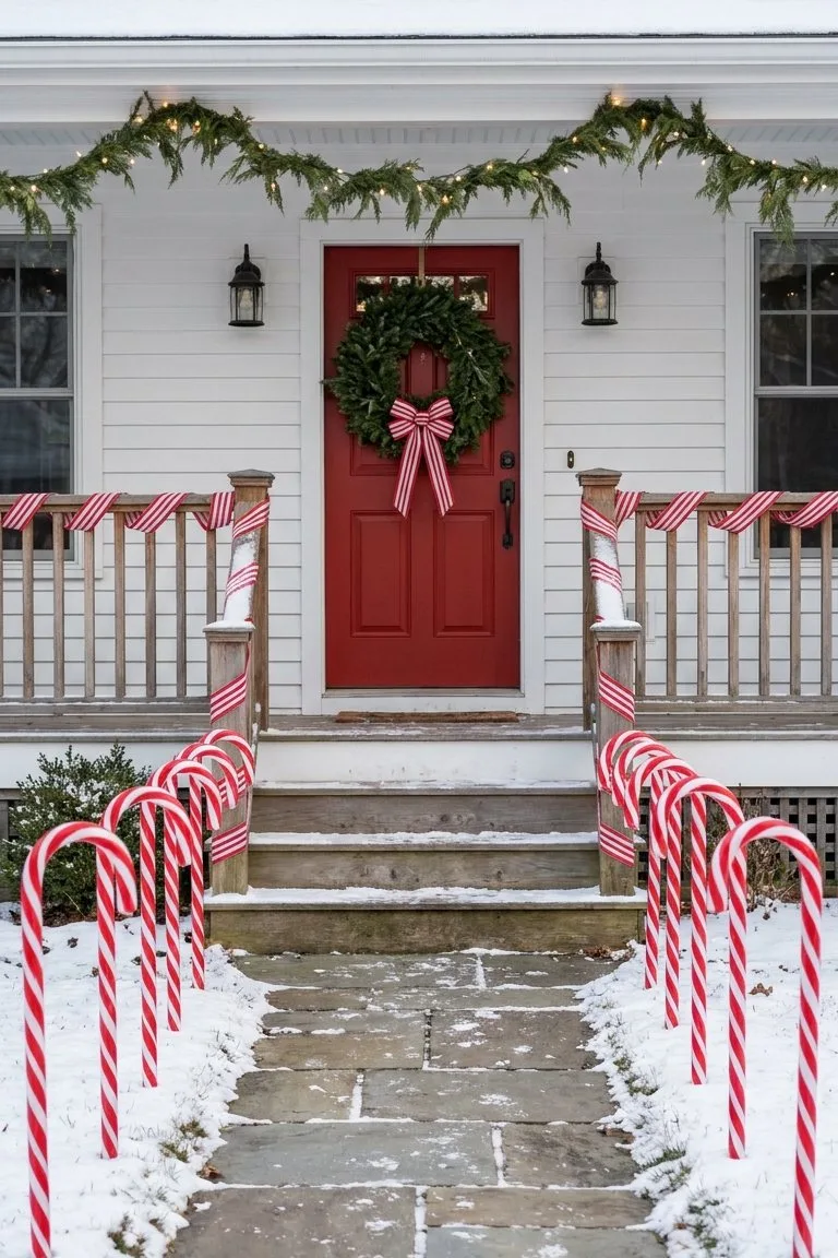 Red and white Christmas porch with striped ribbon on the railing and candy cane decorations along the path