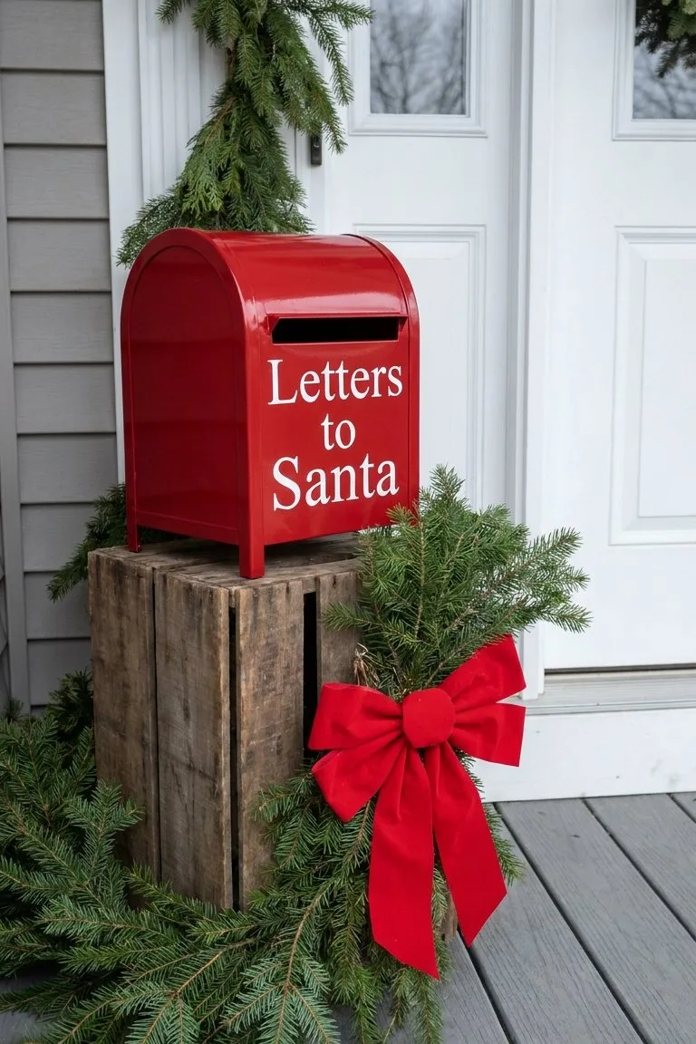 Red Letters to Santa mailbox on a wooden crate with greenery and a red bow by the front door