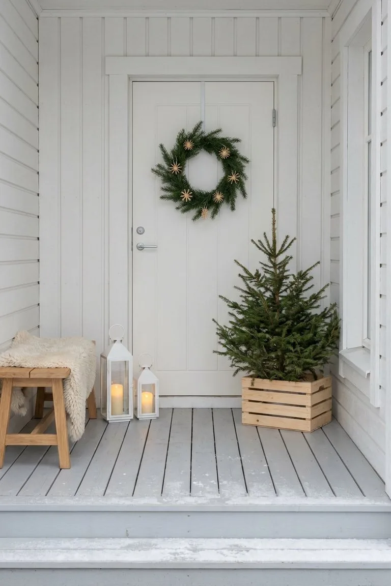 Minimal Scandinavian Christmas porch with a straw star wreath, a small tree in a wooden crate and white lanterns