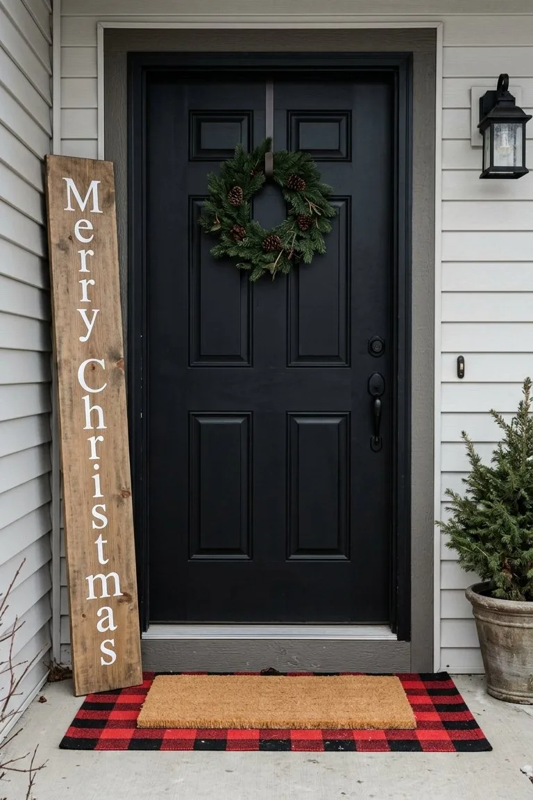 Wooden Merry Christmas sign beside a black front door with a coir doormat layered on a buffalo plaid rug