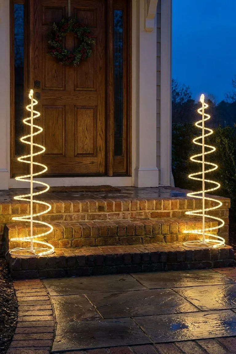 Two lit spiral light trees on either side of brick front steps at dusk