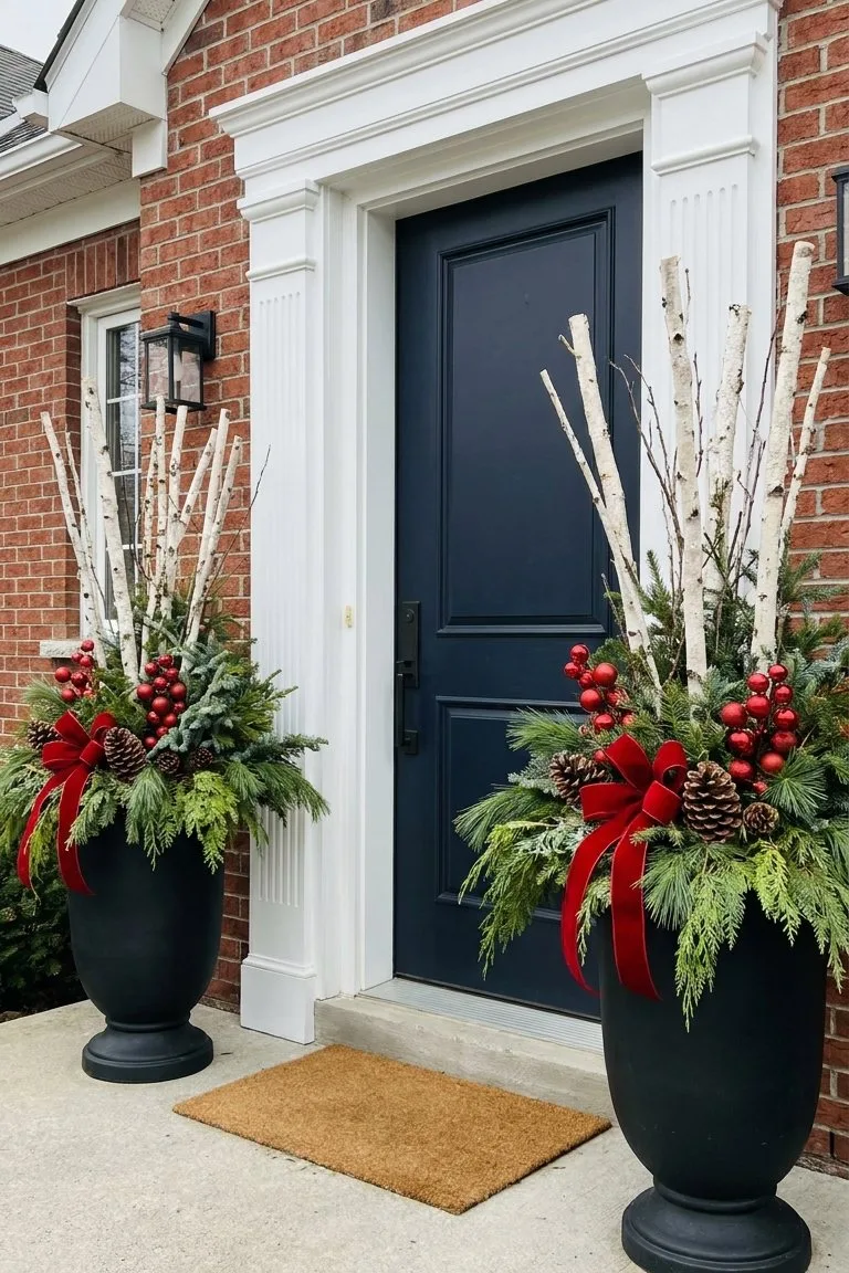 Black urns filled with evergreens, birch branches, red berries, pinecones and red ribbon beside a navy front door
