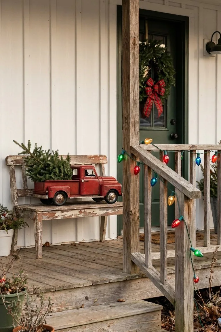 Red vintage toy truck carrying a small tree on a wooden bench, with big-bulb colored lights on the porch railing