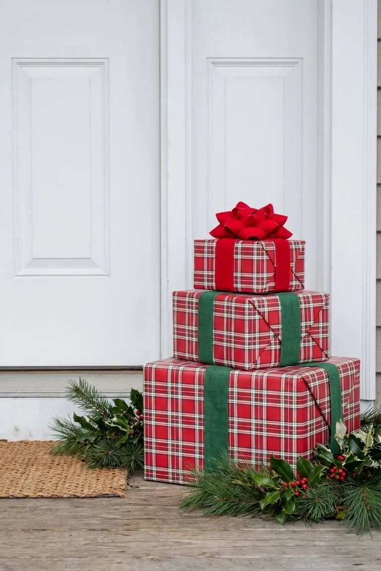 Stack of three red and white plaid gift boxes with green ribbon and a red bow beside a white door
