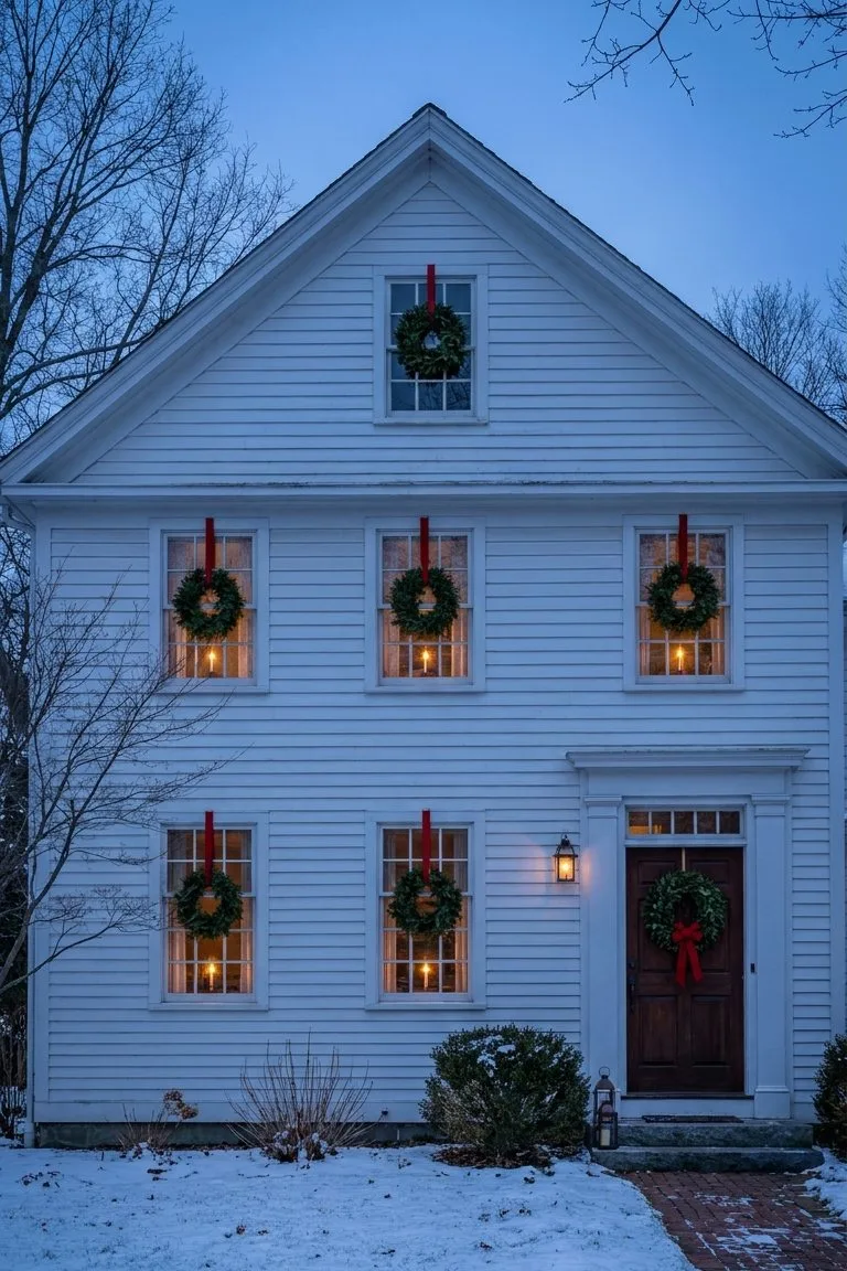 White colonial house at dusk with a wreath and an electric candle in every front window